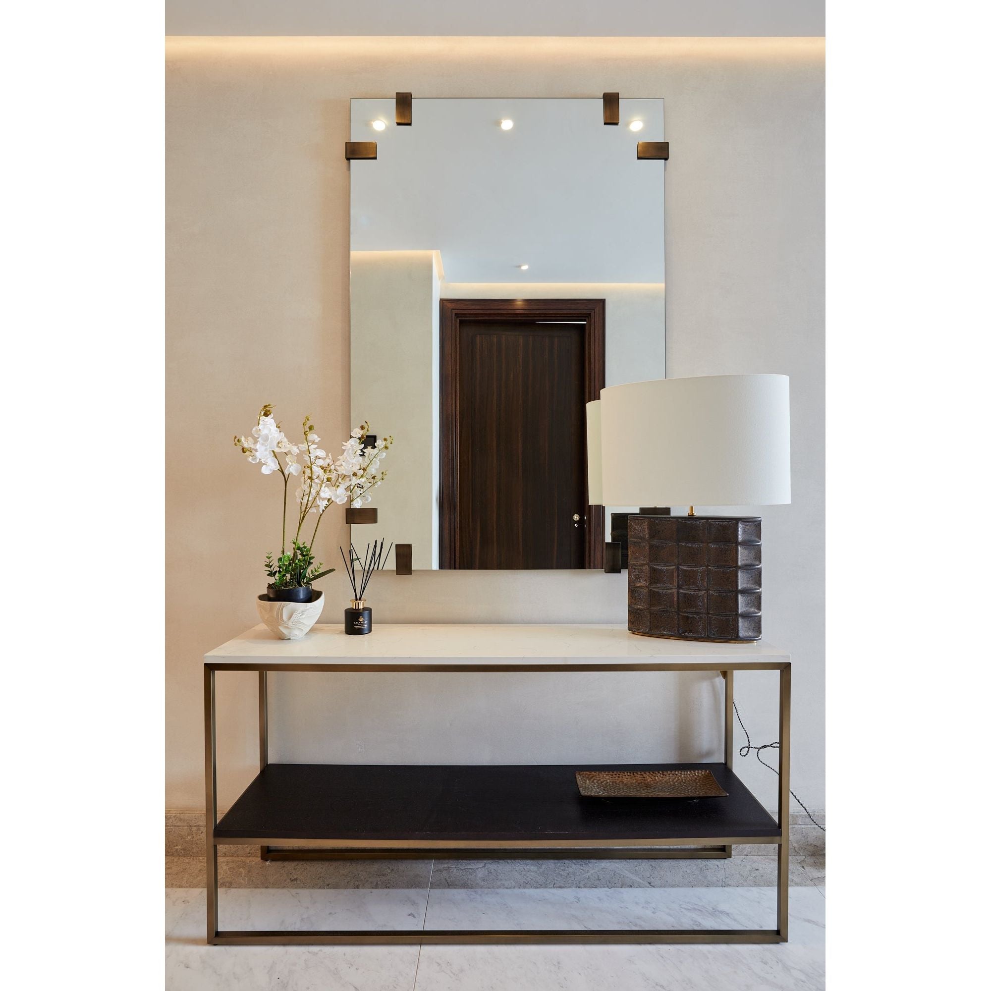 Oxford Console Table: Elegant Glass and Fabric Console with Antique Brass Frame for Modern Interiors
