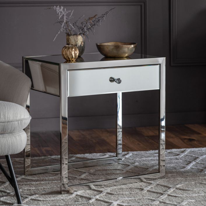 Cutler 1 Drawer Mirrored Side Table | Modern Furniture + Decor