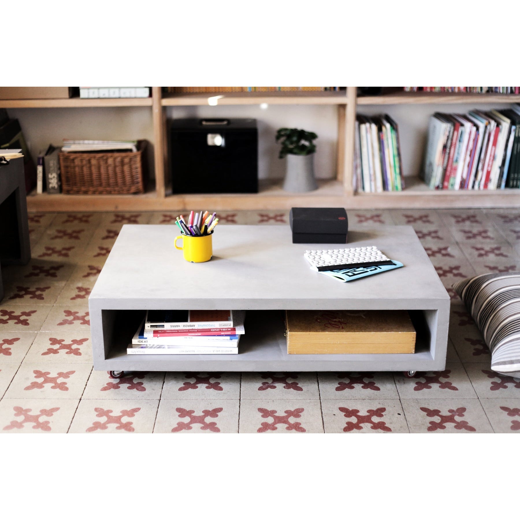 Lyon Beton Monobloc Rectangular Coffee Table in Concrete and on Wheels | Modern Furniture + Decor