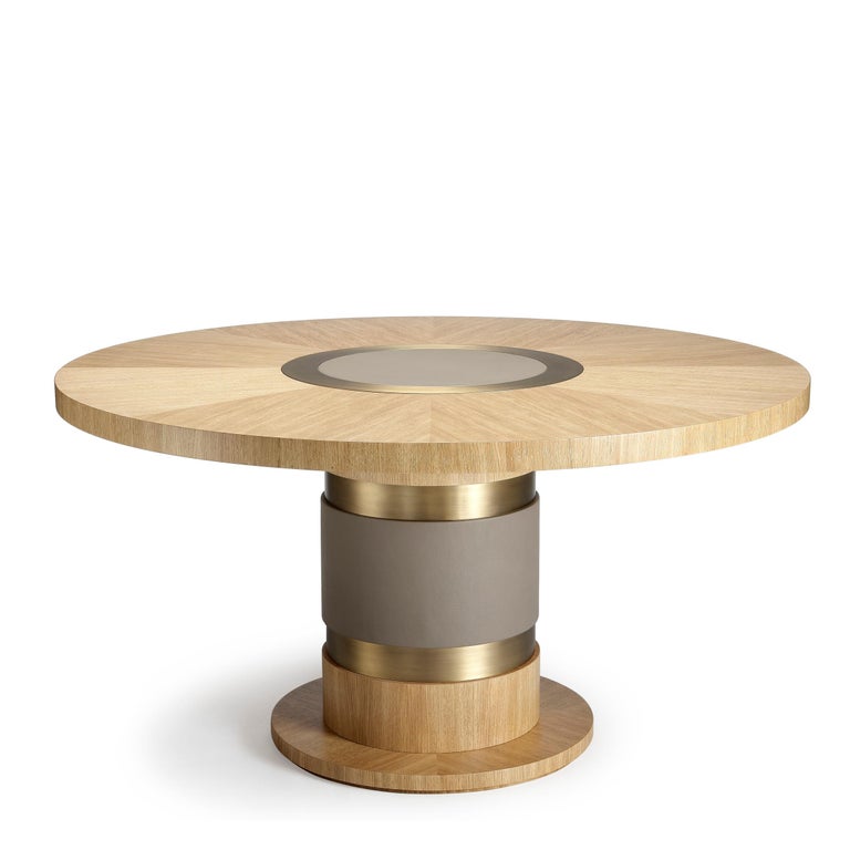 21st Century Lune Table Gold Limed Oak Wood with Bronze and Leather Details | Modern Furniture + Decor