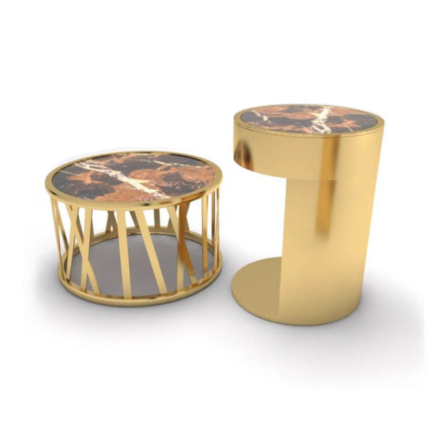Drum Marble and Brass Side Table Set Of 2