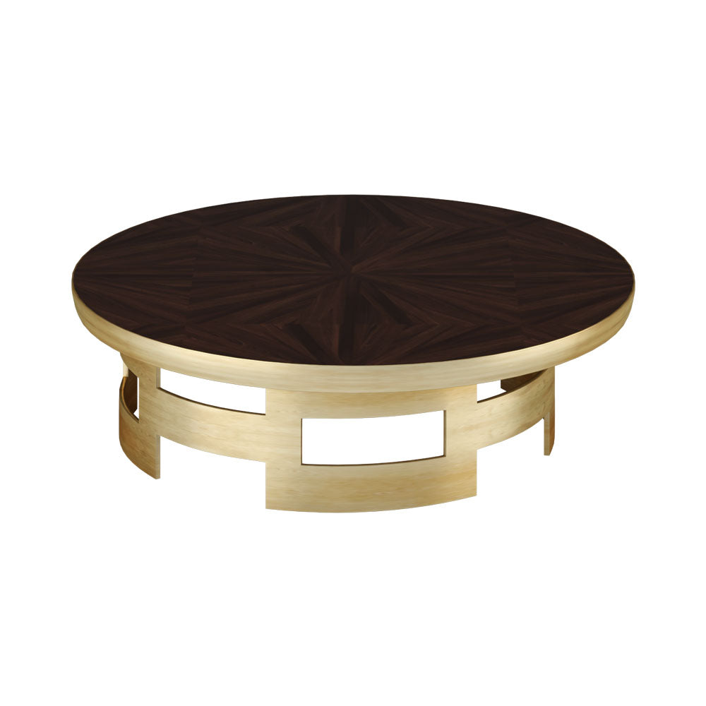Leicestershire Circle Metal and Wooden Coffee Table with Veneer Inlay | Modern Furniture + Decor