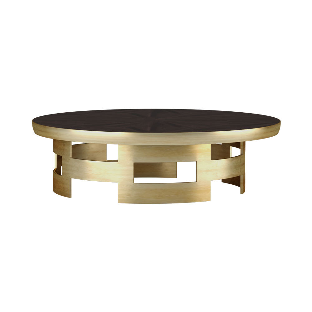 Leicestershire Circle Metal and Wooden Coffee Table with Veneer Inlay | Modern Furniture + Decor