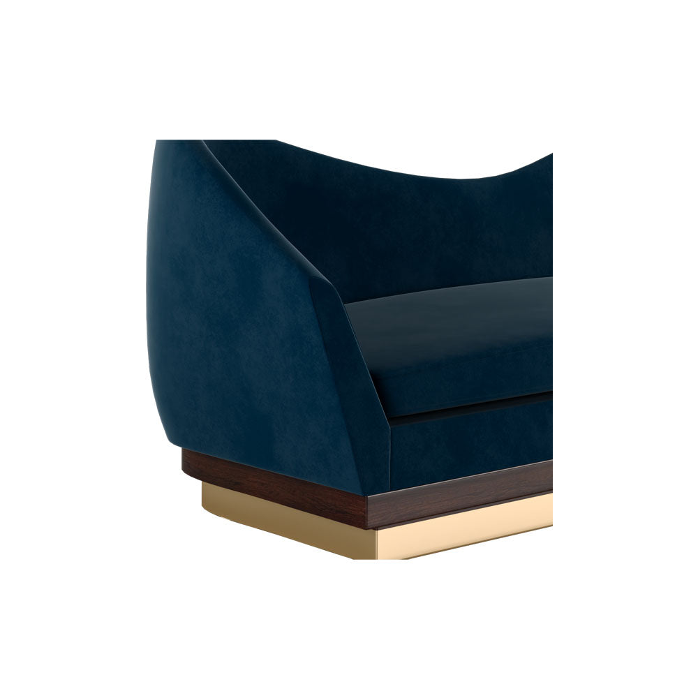 Tristan Blue Velvet Curved Sofa with Brass Legs | Modern Furniture + Decor