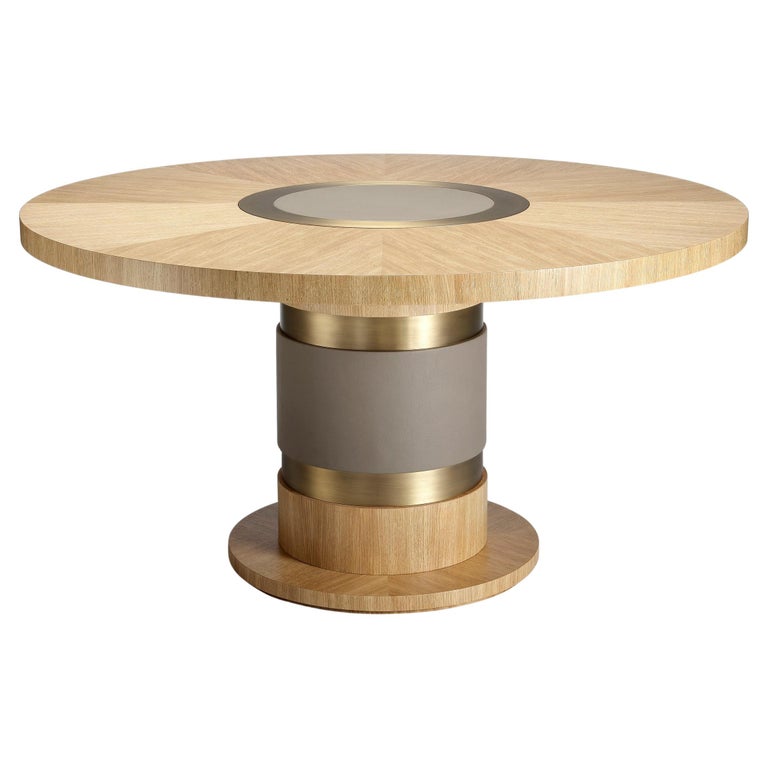 21st Century Lune Table Gold Limed Oak Wood with Bronze and Leather Details | Modern Furniture + Decor